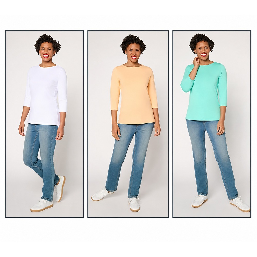Denim & Co. Essentials So Soft Jersey 3-Pack Boat Neck Tops tiger/green/wht, 1X